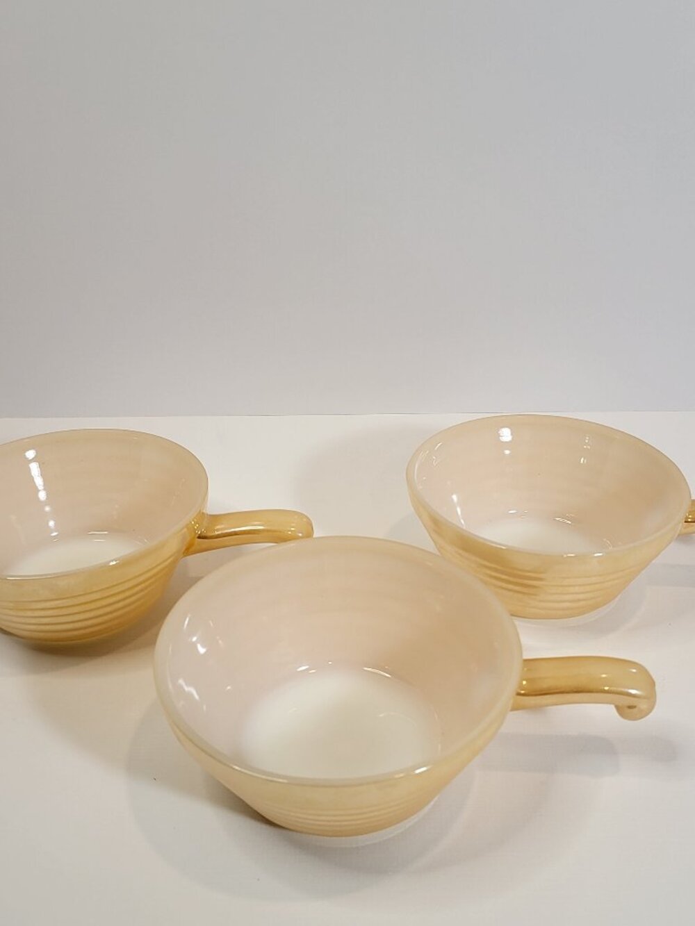 Set of 3 Vintage Fire-King Peach Luster Beehive Handled Soup‎ Bowls